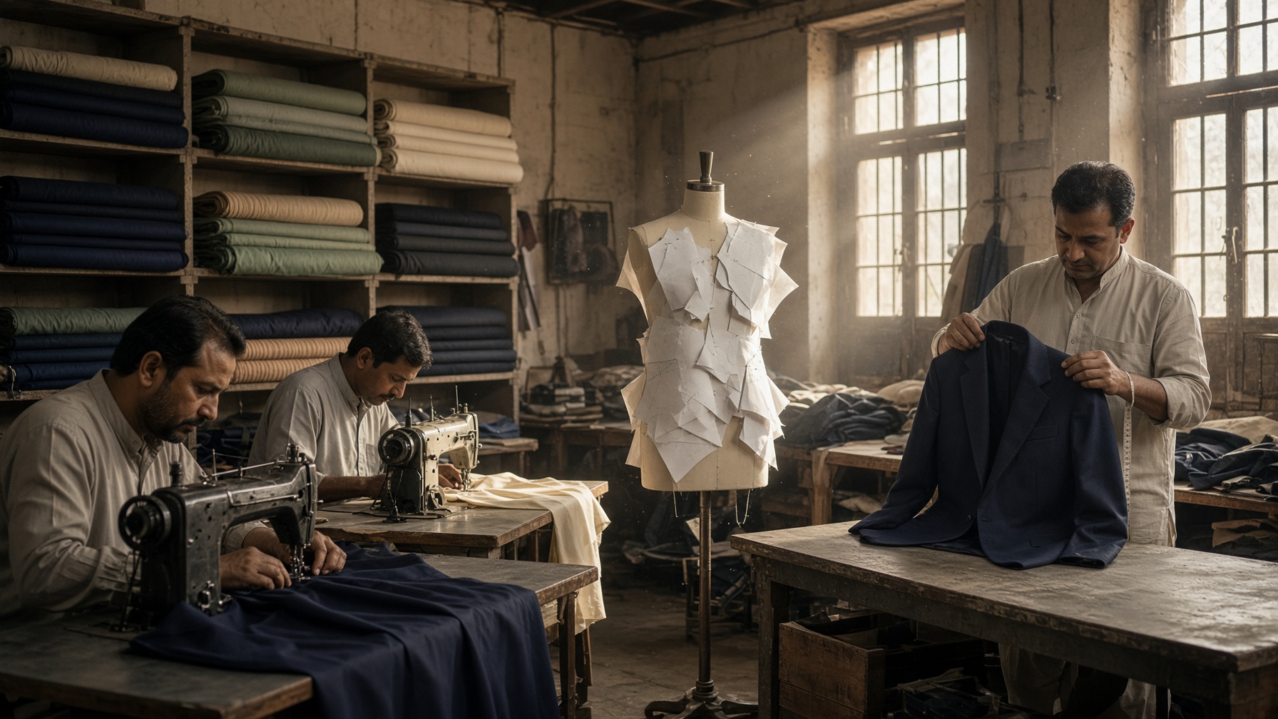Tailors and fabric in the MGN Karachi atelier
