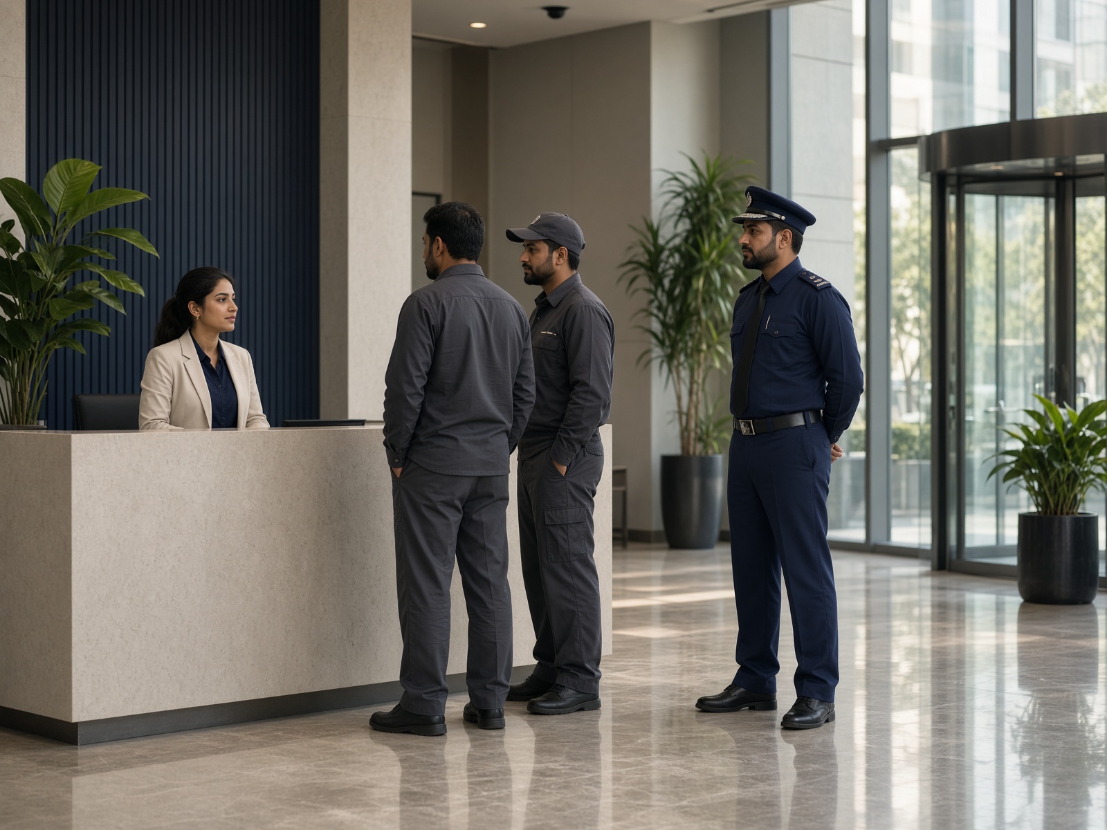 Corporate lobby staff in navy shirts, cream blazers, and security uniforms