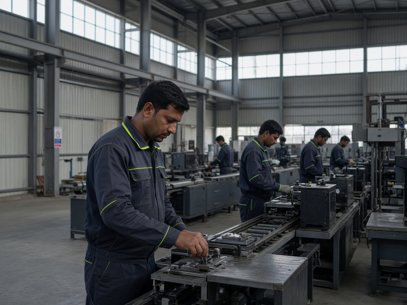 Factory workers in navy coveralls on a manufacturing floor
