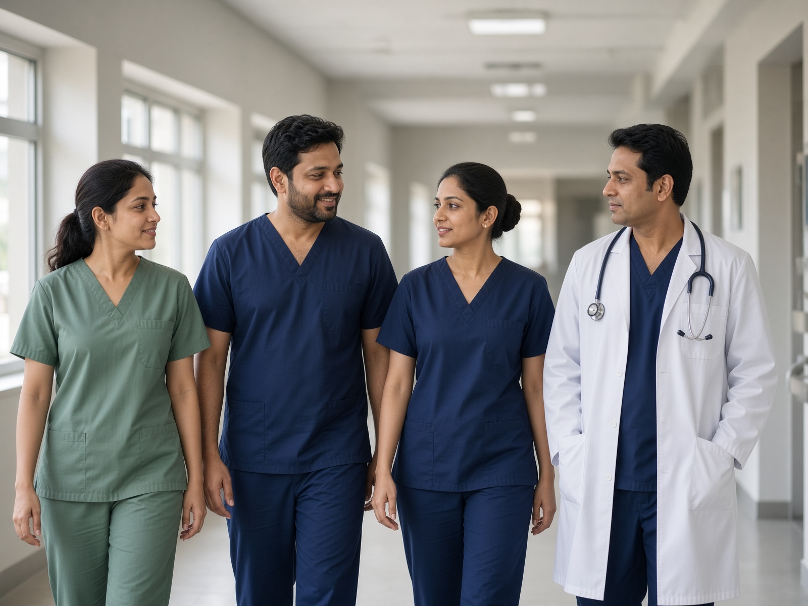 Doctors and nurses in custom sage and navy scrubs