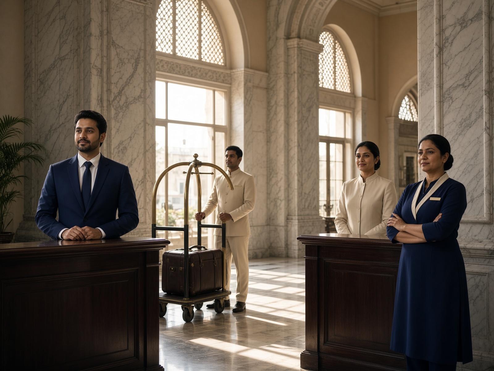 Hotel staff in custom navy and cream uniforms in a marble lobby